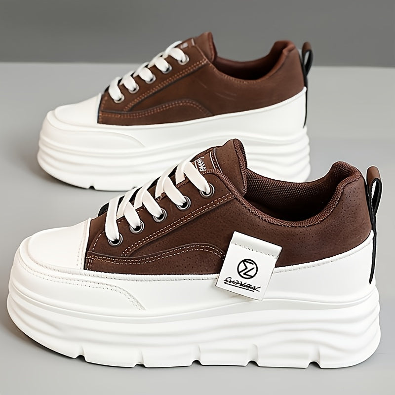 Women's Casual Low-Top Running Shoes - Versatile White & Brown Design, Lace-Up, Comfortable EVA Insole, Durable PVC Sole, Perfect for Casual Attire, Students, and Office Use, Student Sneakers | Modern Sneakers | Synthetic Cov